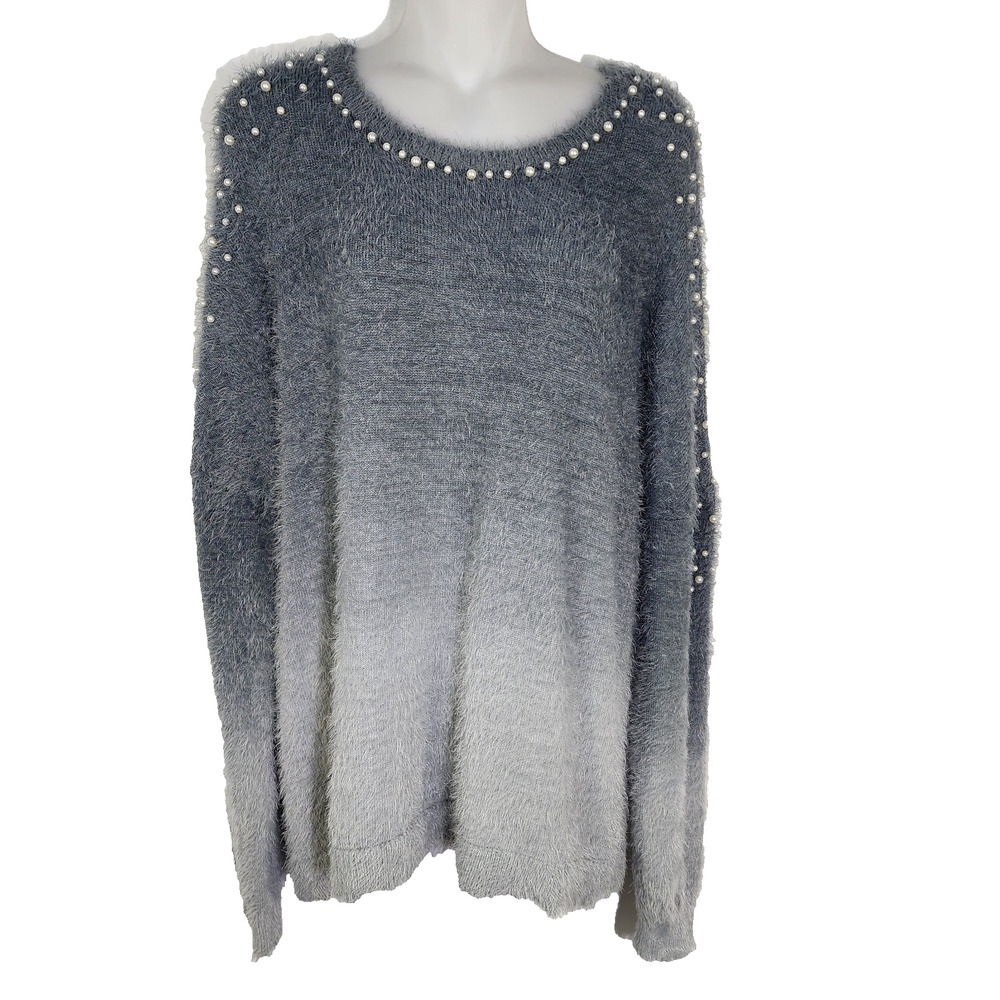 Venus Sweater Womens Size XL Soft Cozy Pearl Trim Gray Ombre Fuzzy Long Sleeve